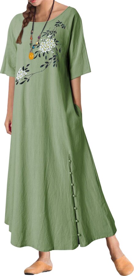 KIDSFORM Women's Maxi Dress Summer Short Sleeve Floral Casual Loose Dresses  Ladies Kaftans with Pockets Green L - ShopStyle