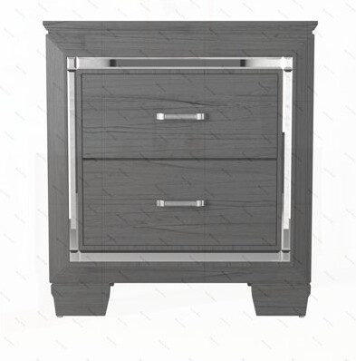 Red Barrel Studio Glamourous Style 1pc Nightstand of 2x Drawers LED Lighting Faux Crystals Bar Pulls Gray Finish Modern Bedroom Furniture