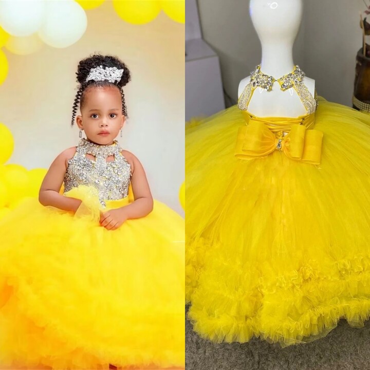 gdybao Lovely Fluffy Yellow Flower Girl Dress Sleeveless Tulle Beading for Wedding Party Little Baby Girls Prom Kids Birthday Gowns