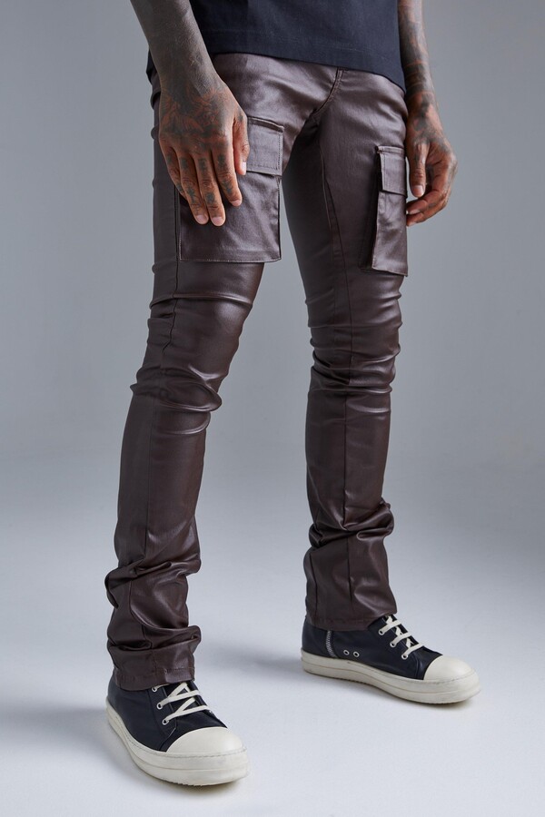 boohoo Mens Brown Skinny Stacked Flare Coated Cargo Trouser