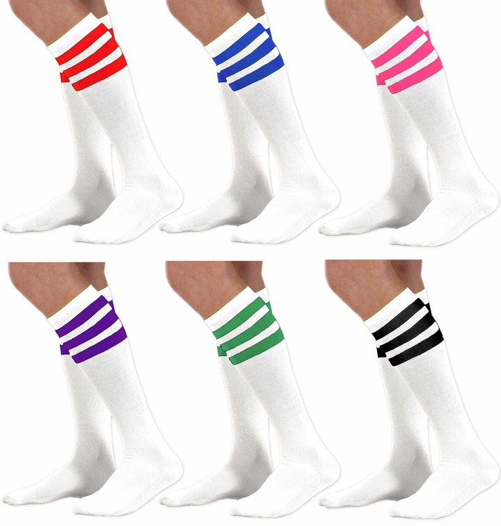 Neon Nation Six Pack White Knee High Socks with Colored Stripes