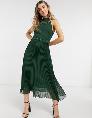 Style Cheat belted high neck pleated midi dress in forest green