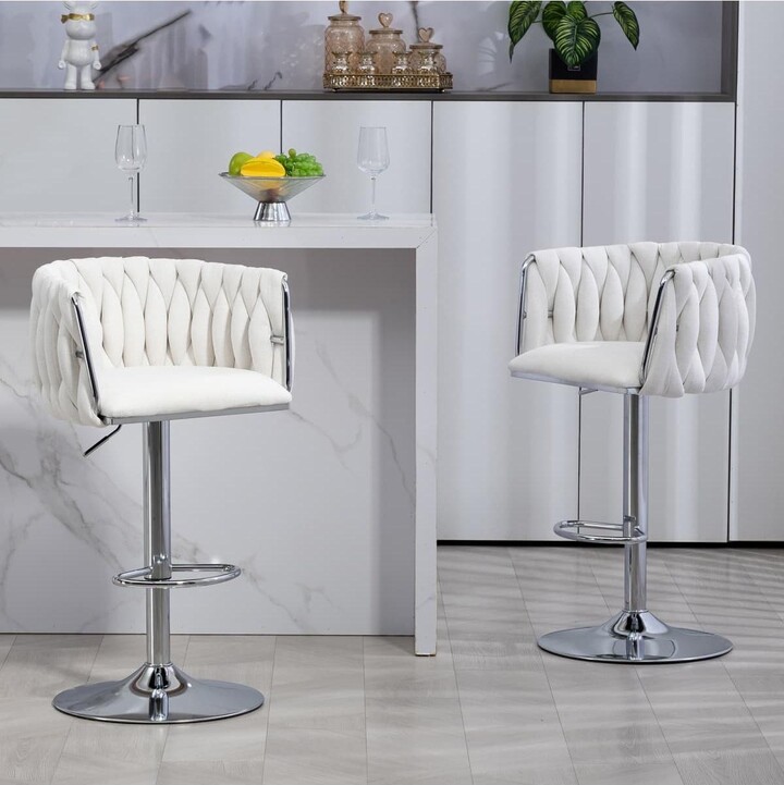 Set of 2 Adjustable Swivel Bar Stools with Woven Fabric Back, Footrest, Modern Counter Height Chairs for Kitchen or Bar-The Pop Home