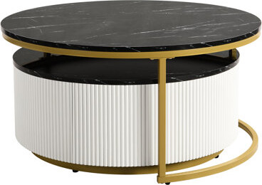 Latitude Run Elegant Modern Coffee Table With Nesting Feature And Drawer In Black & Gold Style Stylish Round Finish