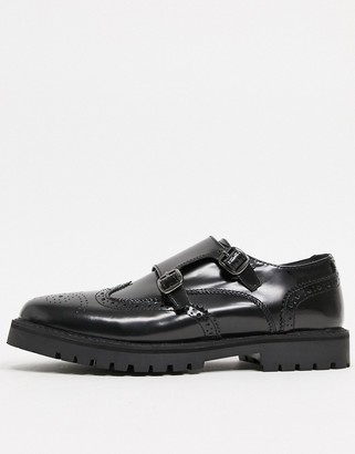 Silver Street wide fit chunky leather double monk brogues in black box