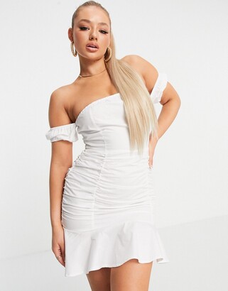 Parisian off shoulder ruched detail mini dress in white