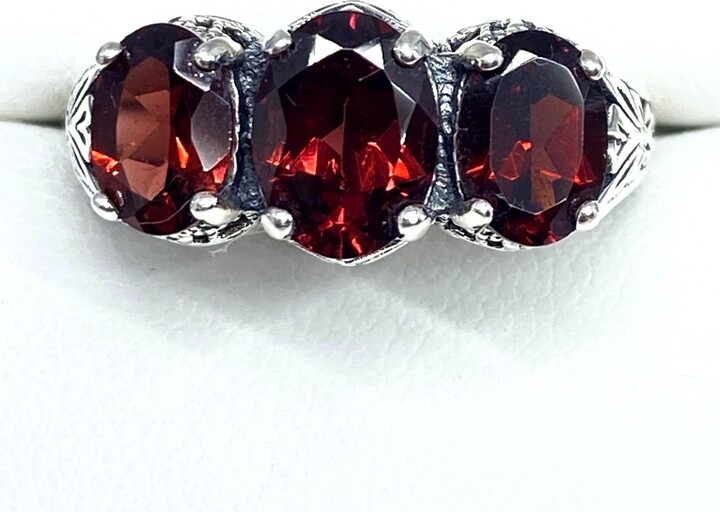 Etsy Natural Red Garnet Ring Sterling Silver/ 2.9Ctw Genuine 3Gem Art Deco/Edwardian Filigree [Custom Made] Design#41