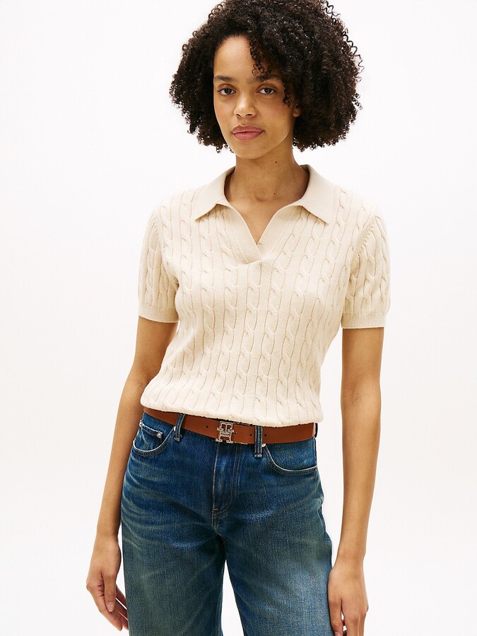 Tommy Hilfiger Women's Short-Sleeve Cable Knit Polo Sweater - Brown - L