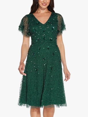 Adrianna Papell Beaded Flutter Dress, Dusty Emerald