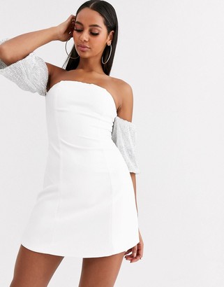 Club L London bandeau dress with sequin balloon sleeve detail in white