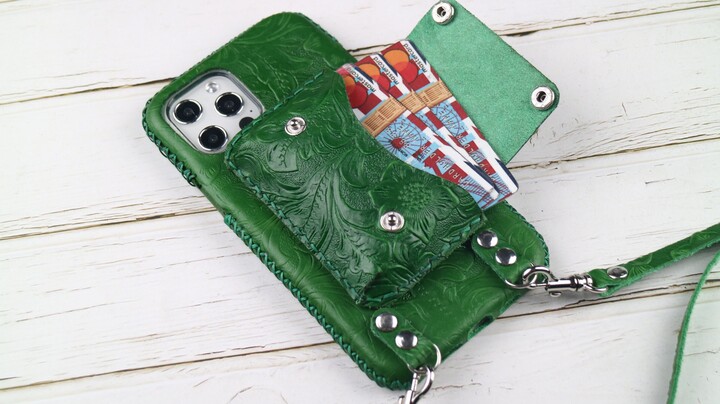 Crossbody Strap Iphone Wallet Case 16E, 16Pro, 15 Pro Max 15 Plus 14 Max, 13 Max/12 Case Embossed Leather Green
