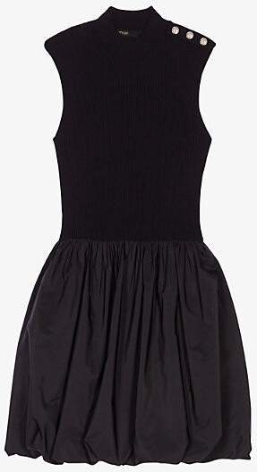 Womens Black Button-Embellished Bubble-Hem Woven Mini Dress 8