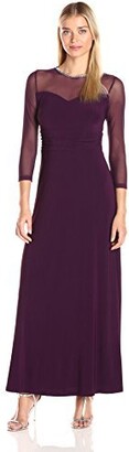 Marina Women's Long Jersey Gown with Mesh Front Ant Rhinestone Trim