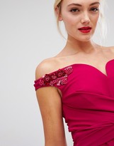 Thumbnail for your product : Little Mistress Tall bardot embellished shoulder skater dress in berry