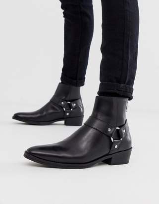 ASOS Design DESIGN stacked heel western chelsea boots in black leather with buckle detail