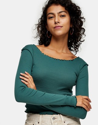 Topshop lettuce edge long sleeve top in forest green - ShopStyle