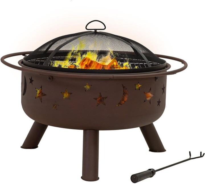 Sunnydaze Cosmic 30 in. x 20 in. Round Bronze Steel Wood Burning Fire Pit with Cooking Grill and Spark Screen