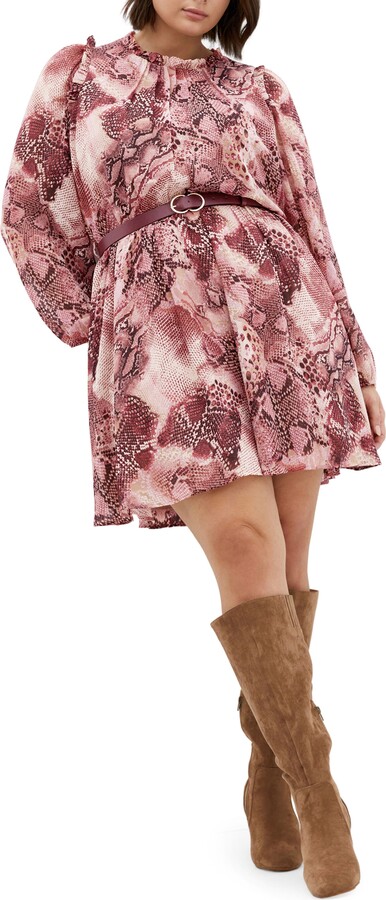 City Chic Maddie Print Belted Long Sleeve Dress