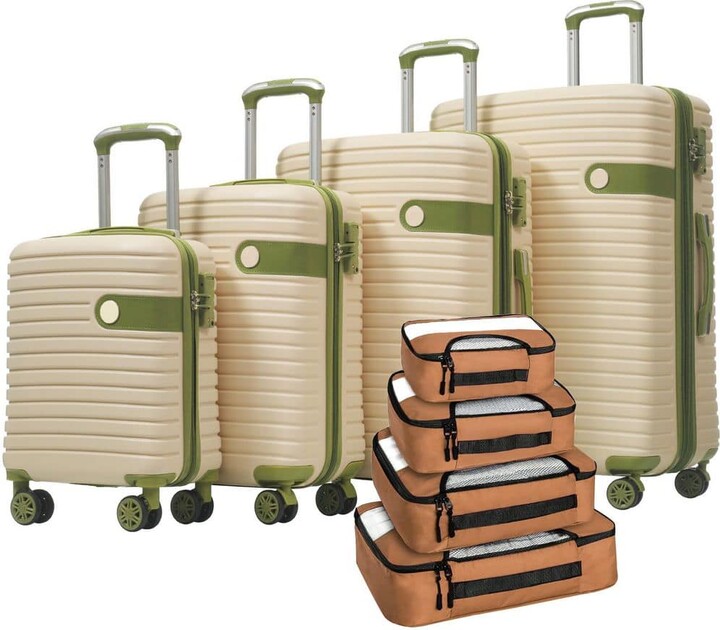 Merax 4 Bags 4-Piece White and Green Expandable ABS Hardshell Spinner 16"20"24"28" Luggage Set with 4 Packing Cubes, TSA Lock
