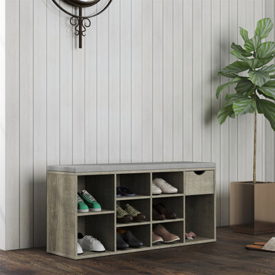 Multifunctional Entryway Storage Bench with Padded Cushion, Drawer, and Open Compartments for Shoes and Accessories