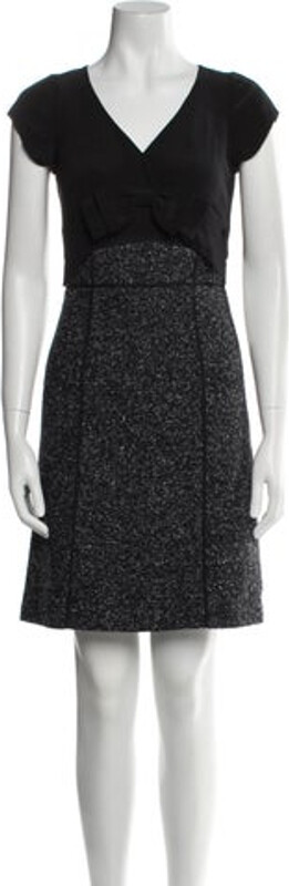 Rebecca Taylor Wool A-Line Dress Grey Bow Accents Short Sleeve with V-Neck Concealed Zip Closure at Back Designer