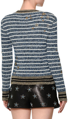 Valentino Striped Star-Embellished Sweater, Blue/White/Gold