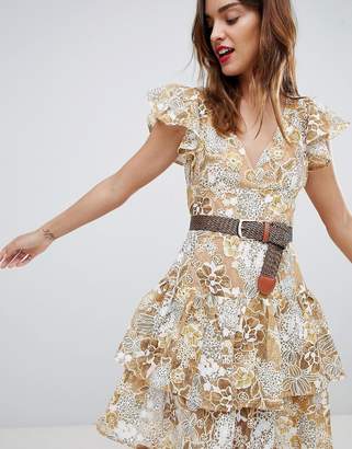 Bronx And Banco & Banco Gold Floral Lace Mini Dress