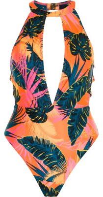 River Island Womens Orange tropical choker plunge swimsuit