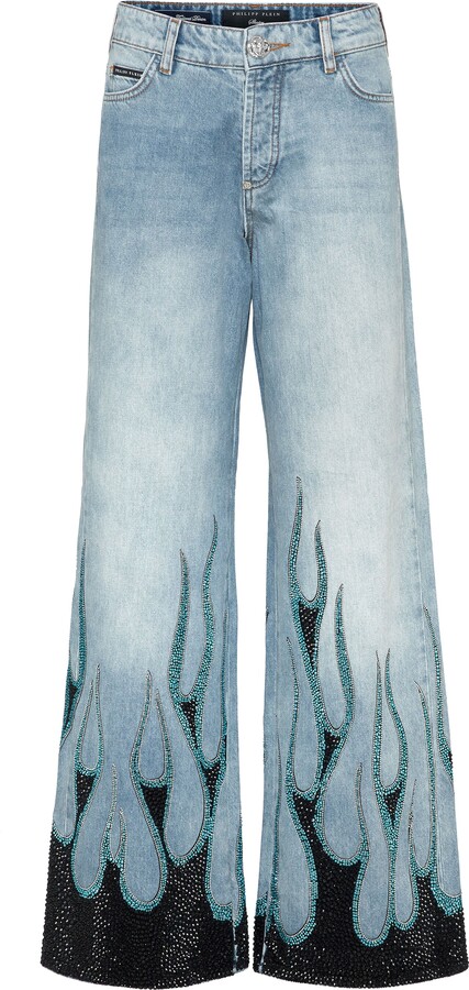 Philipp Plein Denim Skater Fit Trousers Strass Flame