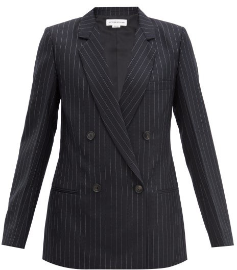 Victoria Beckham Double-breasted Pinstriped Wool Jacket - Navy Multi ...