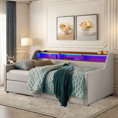 Upholstered Daybed With 2 Drawers, Led Lights, Wireless Charging And Headboard Storage