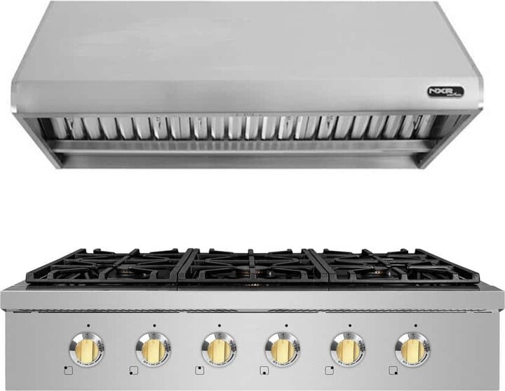 NXR Entree Bundle 36 in. Professional Style Gas Cooktop with 6 Burners and Range Hood in Stainless Steel and Gold