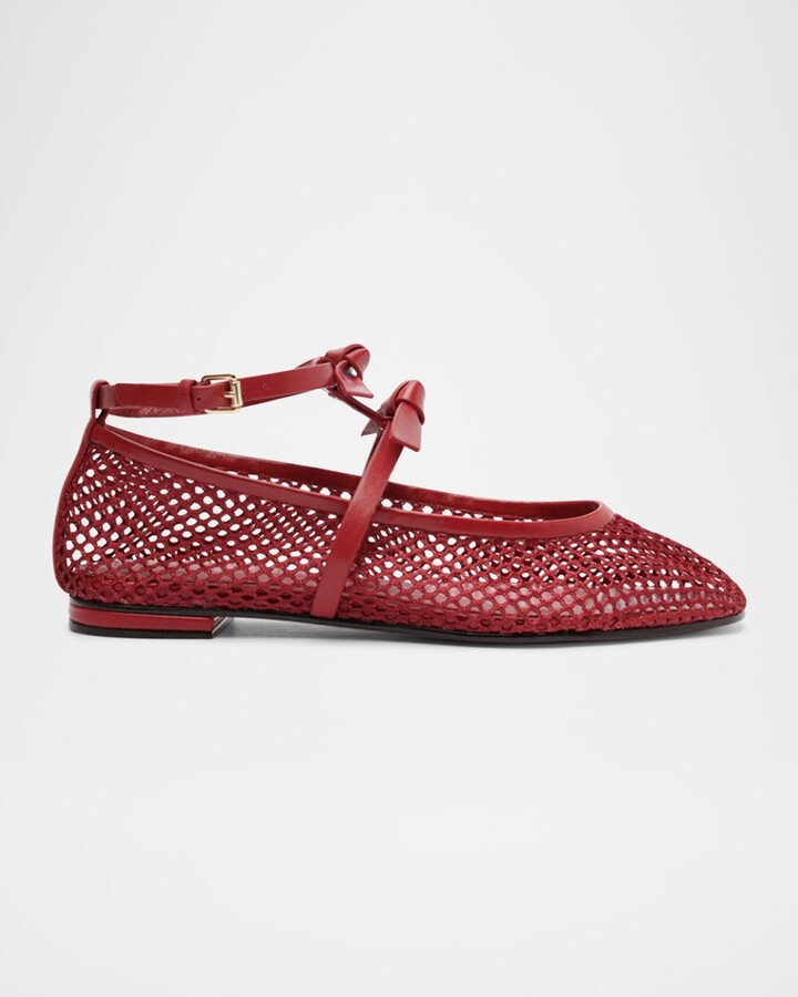 Alexandre Birman Slim Clarita Bow-Strap Fishnet Ballerina Flats