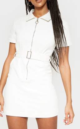 PrettyLittleThing Cream Cord Zip Front Belted Dress
