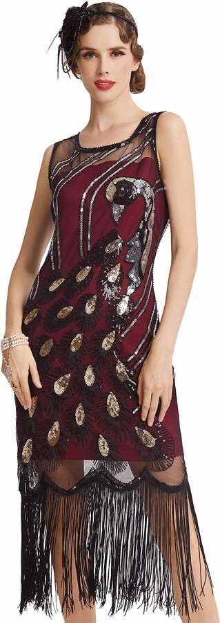 BABEYOND 1920s Vintage Peacock Sequin Fringed Party Sleeveless Flapper  Dress with Scoop Neck(WineRed - ShopStyle