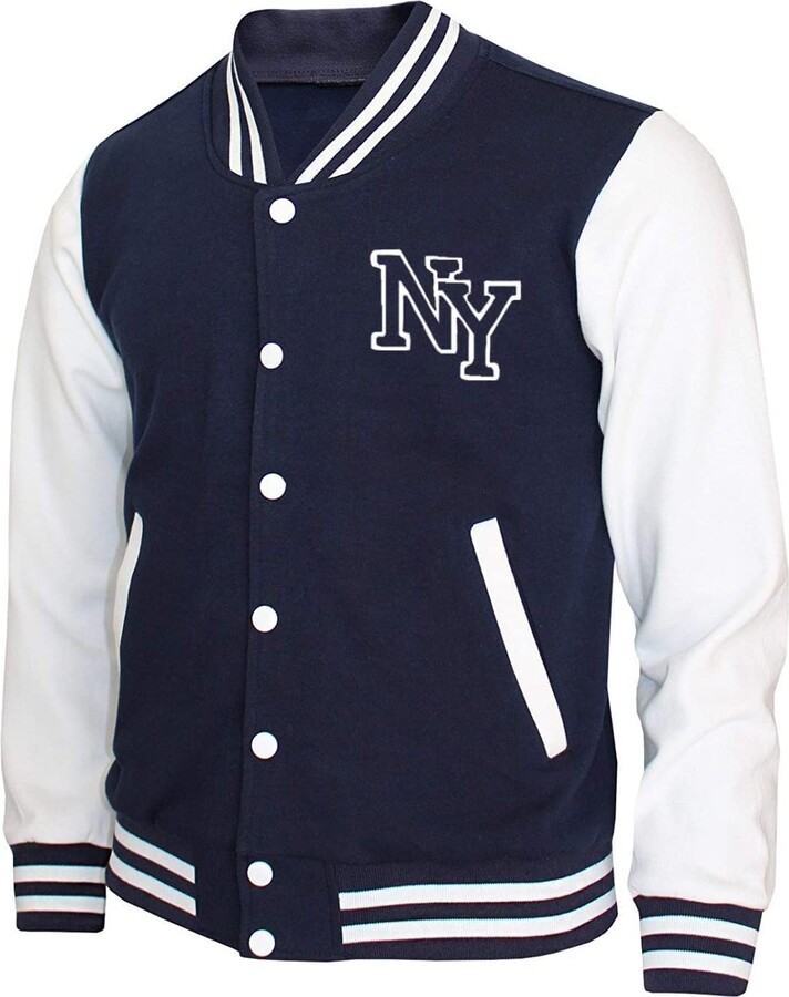 Fashion_First Mens NY Baseball Navy Blue Fleece Bomber Jacket Vintage