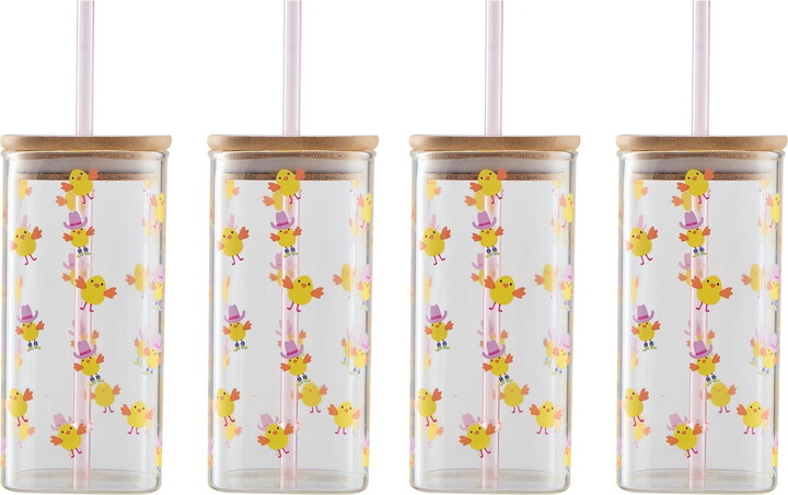 Way to Celebrate Country Chick Square Can Glass with Bamboo Lid and Plastic Straw, 4pack
