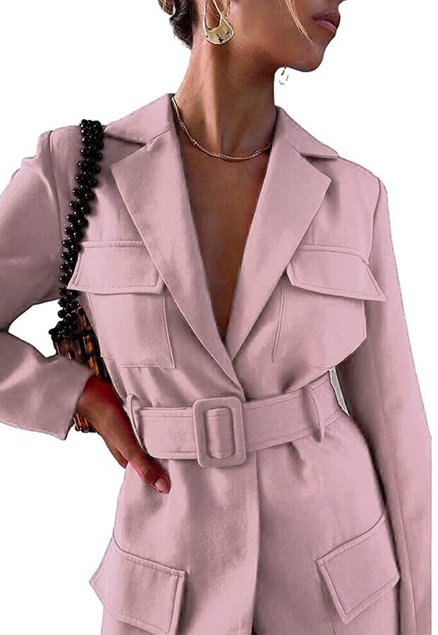 V Neck Long Sleeve Lapel Outwear Tops, Light Pink Trench Coat Uk