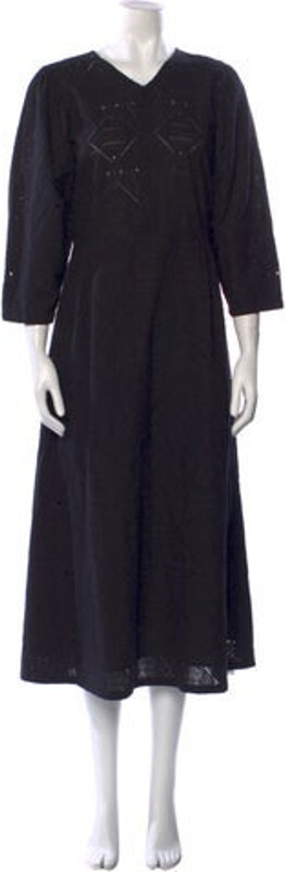 Rodebjer V-Neck Midi Length Dress Rodebjer Tent Dress Black Eyelet & Embroidered Accents Three-Quarter Sleeve with V-Neck Concealed Zip Closure at Front