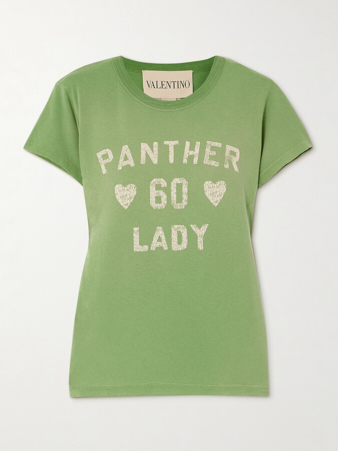 Valentino Garavani Panther 60 Lady Printed Appliquéd Cotton-jersey T-shirt - Green