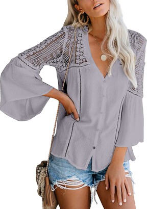 Actloe Women Solid Casual V Neck Top Short Bell Sleeve Summer Drape Front Blouses and Shirts 