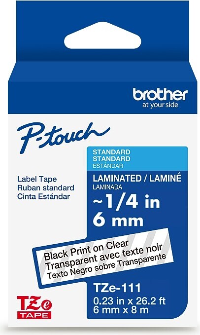 Brother P-touch Laminated Label Tape, 1/4" x 26.2', Black on Clear (TZe111)