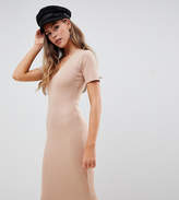 Thumbnail for your product : Missguided exclusive ribbed short sleeve v neck midi dress in beige