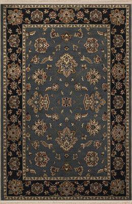 Bungalow Rose Black Gray Themed Traditional Motif Ethnic Floral Patterned Fringed Vintage Decorative Carpet