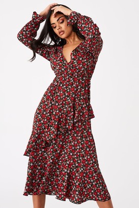 Outrageous Fortune Harmony Red Ditsy Floral-Print Frill Midi Dress