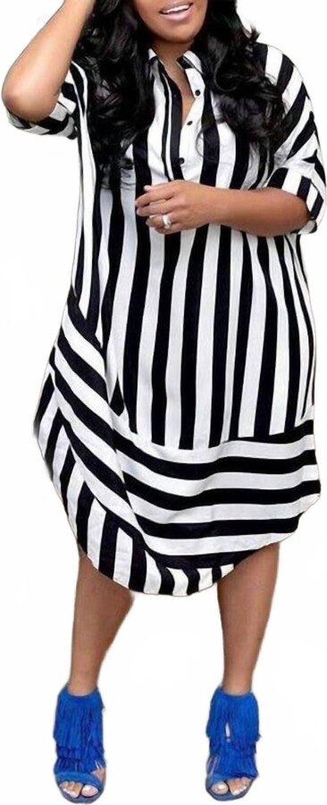 Fashion Nova Zelda Striped Shirt Midi Dress In Black/ White