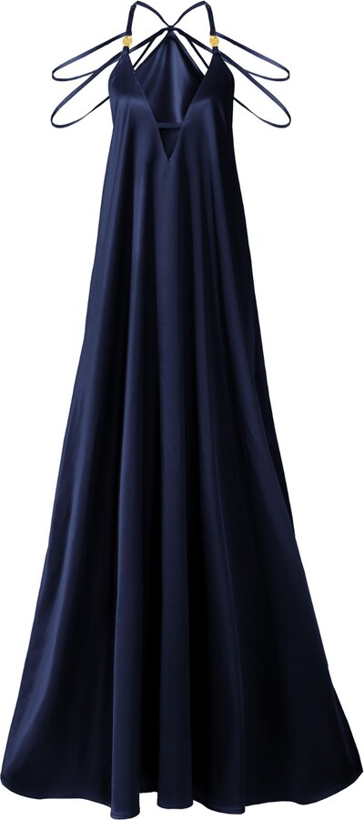 Kargede Blue / Black Navy Satin Maxi Dress – Long Designer Slip Gown
