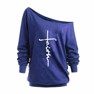 Toamen Women's Tops Blouse Jumper Pullover Sexy Off Shoulder Batwing Sleeve Faith Letter Print Casual Sweatshirt T-Shirt(Blue 10)