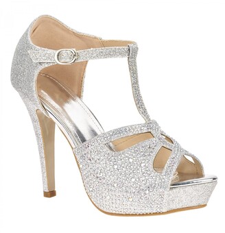 Miss Diva Catwalk T Bar Diamante Platform Sandal in Silver