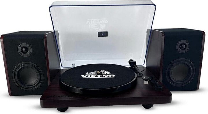 Victor Lincoln Record Player, 3-Speed Turntable with Vintage Wood Finish, Bluetooth, and Dual Detached Speakers